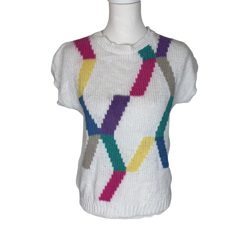 Alfred Dunner Vintage Hand Knit Sweater‎ Vest White Multi Geo Ramie Cotton M